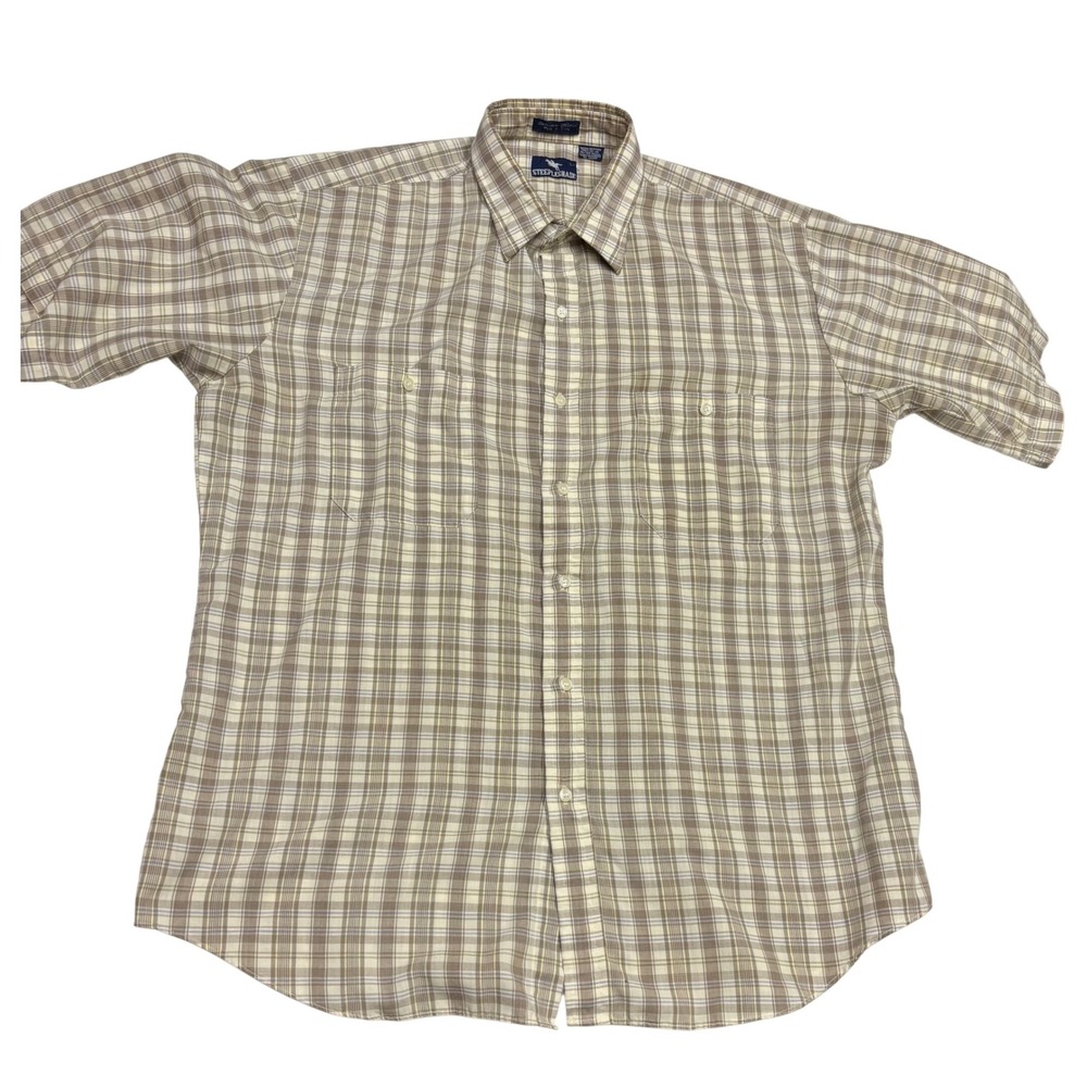 Steeplechase Mens Large Plaid Short Sleeve Button Down Shirt -‎ Tan Brown Casual